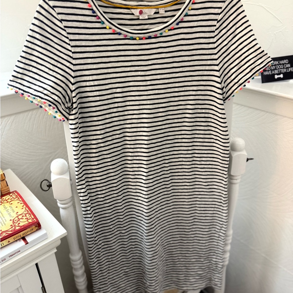 Boden Striped Tee shirt dress with Colorful Pom-Pom Detail